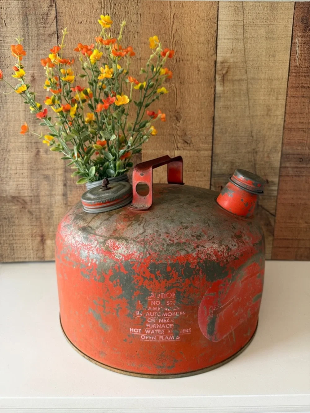 Vintage Rustic Distressed Orange Metal Gas Can with Faux Floral